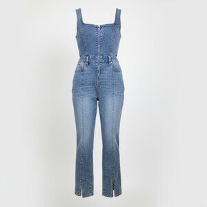 True Religion Denim‎ Jumpsuit Womens XL Blue Front Zip Slit Distressed Overalls